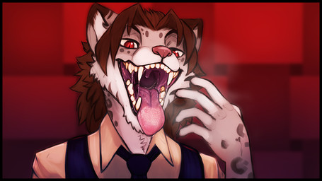 abstract_background anthro black_border blue_clothing blue_necktie blue_topwear bodily_fluids border brown_hair cheek_tuft clothed clothing facial_tuft fangs front_view fur glistening glistening_eyes grey_body grey_fur hair male mouth_shot neck_tuft necktie open_mouth pink_tongue pupils red_eyes saliva saliva_string slit_pupils solo tan_clothing tan_topwear teeth tongue tongue_out topwear tuft unsigned uvula white_body white_fur acidic felid mammal 16:9 bust_portrait portrait widescreen