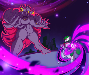 areola big_breasts breasts chest_spike duo ear_piercing eyelashes featureless_feet feet female front_view genitals green_hair grey_body hair huge_breasts larger_female navel nipple_piercing nipples piercing pink_areola pink_nipples pokemorph purple_areola purple_nipples red_body red_eyes red_sclera short_hair size_difference smaller_female smile spikes spikes_(anatomy) thick_thighs vulva white_body white_eyes wide_hips kss_nf nintendo pokemon gardevoir generation_3_pokemon generation_6_pokemon humanoid mega_evolution mega_gengar pokemon_(species) hi_res