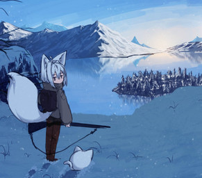 animal_ears backpack clothed clothing duo feral fur grass gun holding_gun holding_object holding_ranged_weapon holding_rifle holding_weapon jacket looking_back mountain outside plant ranged_weapon rifle round_body scenery snow standing tail topwear tree water weapon white_body white_fur animal_humanoid canid canid_humanoid canine canine_humanoid domestic_cat felid feline felis fox_humanoid humanoid mammal mammal_humanoid tailed_humanoid hi_res