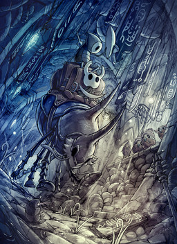 2_horns 6_limbs ambiguous_gender anthro biped black_eyes cloak clothed clothing detailed_background group holding_map holding_mask horn looking_at_another map mask melee_weapon nail_(weapon) painting_(object) plant sign sitting street_lamp weapon weapon_on_back sinsin hollow_knight_(franchise) team_cherry quirrel_(hollow_knight) the_knight_(hollow_knight) the_last_stag_(hollow_knight) arthropod infected_(species) vessel_(species) 2025 hi_res
