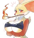 anthro big_breasts blush bra breasts cleavage clothed clothing crossed_arms fangs female fire red_eyes solo teeth topwear under_boob underwear akibun nintendo pokemon canid canine delphox generation_6_pokemon mammal pokemon_(species)