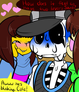 black_sclera blue_clothing blue_sweater blue_topwear blush bodily_fluids bone brown_hair clothing green_clothing green_sweater green_topwear hair hat headgear headwear heart_symbol nervous not_furry pattern_clothing pattern_sweater pattern_topwear simple_background skeleton smile striped_clothing striped_sweater striped_topwear stripes sweat sweater text topwear vest undertale undertale_(series) chara_(undertale) frisk_(undertale) sans_(undertale) animated_skeleton human mammal undead english_text