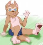 anthro blue_eyes bottomwear clothed clothing eyewear gesture goggles male mascot pose shorts solo topless waving young young_anthro young_male hexxy fifa zabivaka canid canine canis mammal wolf 2017 pinup