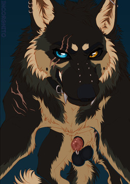 animal_genitalia animal_penis balls birthmark black_balls black_body black_fur blue_background blue_eyes brown_body brown_fur canine_genitalia canine_penis clenched_teeth countershading ear_piercing ear_ring eye_scar facial_piercing facial_scar fangs feral fur furgonomic_piercing furgonomics genital_piercing genitals grey_body grey_fur heterochromia inner_ear_fluff lipsticking looking_at_viewer low-angle_view male male_feral markings mouth_scar multicolored_body multicolored_fur multiple_piercings muzzle_piercing nose_piercing penis penis_piercing piercing ring_piercing scar shoulder_scar simple_background solo tail teeth text tuft yellow_eyes incorgnito beau_(williamca) canid canine canis domestic_dog german_shepherd herding_dog mammal pastoral_dog warg 2025 artist_name colored digital_drawing_(artwork) digital_media_(artwork) hi_res