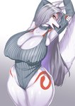 anthro big_breasts breasts cleavage clothed clothing female fur gradient_background hair long_hair nipple_outline simple_background solo white_body white_fur wide_hips ydart canid canine mammal hi_res