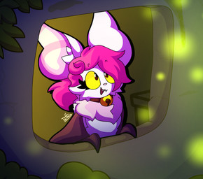 ambiguous_gender anthro bell bell_collar big_ears cheek_tuft collar ear_tuft eyelashes facial_tuft fangs fluffy fur hair long_hair membrane_(anatomy) membranous_wings pink_hair pink_ruff plant ponytail ruff smile solo teeth tuft white_body white_fur window wings yellow_eyes tattersthebat tatters_(tattersthebat) ambient_arthropod ambient_insect arthropod bat beetle elateroid firefly flying_fox insect mammal megabat absurd_res cel_shading hi_res shaded nonbinary_(lore)