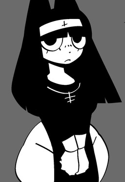 anthro bangs black_clothing black_hair breasts clothing cross curvy_figure eyelashes female grey_background hair inverted_cross mouth_closed nun nun_outfit simple_background solo white_body white_sclera xarop77 witchcat_(xarop77) domestic_cat felid feline felis mammal 2025 digital_media_(artwork) hi_res monochrome portrait three-quarter_portrait