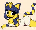 anthro black_eyes blue_hair breasts claws cleavage clothed clothing egyptian female fur hair hand_on_face looking_at_viewer lying markings on_front short_hair simple_background solo striped_markings striped_tail stripes tail tail_markings yellow_body yellow_fur moozua animal_crossing nintendo ankha_(animal_crossing) domestic_cat felid feline felis mammal 2019 hi_res