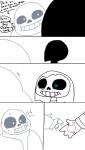 black_sclera bodily_fluids bone dialogue humor not_furry practical_joke shaking simple_background skeleton sweat text trembling whoopee_cushion the_weaver undertale undertale_(series) frisk_(undertale) sans_(undertale) animated_skeleton human mammal undead 4:7 comic english_text hi_res monochrome