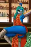 alcohol anthro bar beak beverage biped blue_body blue_feathers bottle bulge butt clothed clothing cocktail container crossdressing detailed_background dress feathers femboy green_body green_eyes green_feathers head_crest inside looking_at_viewer male martini panties peacock_feather red_clothing red_panties red_underwear sideless_dress sitting solo underwear upskirt fingerprint_(artist) avian bird galliform peafowl phasianid 2015 2:3 hi_res