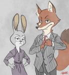 anthro business_suit clothed clothing dipstick_tail dress duo female frown fur green_eyes hand_in_jacket inner_ear_fluff looking_at_viewer male markings multicolored_tail necktie purple_eyes simple_background size_difference suit tail tail_markings tuft anothercolouranon boreoboros disney zootopia judy_hopps nick_wilde canid canine fox lagomorph leporid mammal rabbit red_fox true_fox 2017