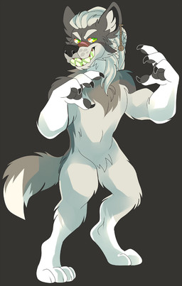 anthro arm_tuft black_claws black_inner_ear black_nose cheek_tuft chest_tuft claws crotch_tuft dreadlocks ear_piercing facial_tuft fluffy fluffy_tail front_view fur gloves_(marking) green_eyes green_teeth grey_background grey_body grey_ears grey_fur grey_pawpads grey_tail grin hair leg_markings leg_tuft looking_aside male markings neck_tuft orange_sclera pawpads piercing shoulder_tuft simple_background smile socks_(marking) solo standing tail teeth tuft white_body white_fur white_hair white_tail princelykaden canid canine canis mammal wolf