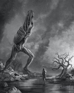 ambiguous_gender anthro armless biped clothed clothed_human clothing cloud coat detailed_background digitigrade eyeless featureless_crotch front_view gums hair larger_anthro looking_at_another multi_mouth outside overcast plant plantigrade side_view size_difference sky smaller_human solo standing teeth topwear tree twitter_handle water christopher_stoll human mammal monster 2023 digital_drawing_(artwork) digital_media_(artwork) full-length_portrait greyscale hi_res monochrome portrait