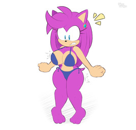 angry anthro big_breasts bikini blue_bikini blue_clothing blue_eyes blue_swimwear breasts clothing ear_piercing ear_ring female magenta_body piercing ring_piercing simple_background solo surprised swimwear tail teeth thick_thighs two-piece_swimsuit white_background bingbingo sega sonic_the_hedgehog_(series) fan_character eulipotyphlan hedgehog mammal hi_res signature