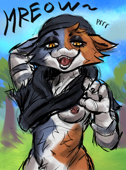 4_fingers anthro bedroom_eyes bottomless breasts clothed clothing clothing_lift fangs female fingers fluffy hand_behind_head looking_at_viewer multicolored_body narrowed_eyes nipple_piercing nipples piercing seductive teeth nyanrawr epic_games fortnite meow_skulls felid feline mammal hi_res