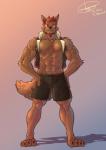 abs anthro biceps blush bodily_fluids bottomwear brown_body brown_fur brown_nipples brown_nose chest_tuft claws clothed clothing facial_hair fur hair jacket male muscular muscular_anthro muscular_male nipples open_clothing open_jacket open_topwear pecs red_eyes red_hair shorts solo standing sweat teeth topwear tuft husky_(artist) koreanhusky thaiwolf canid canine canis mammal wolf absurd_res hi_res