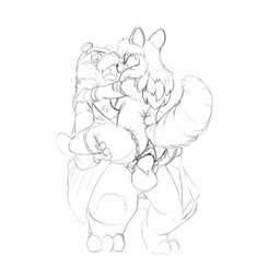 anthro balls clothed clothing digitigrade duo female genitals hair male male/female nipples penetration penis sex stand_and_carry_position standing standing_sex tail vaginal vaginal_penetration vulva kitsune_youkai condom_crusader_(series) firecat rubber_lass scientist_bear bear canid canine fox mammal 1:1 2022 hi_res monochrome