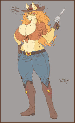 abs anthro big_breasts border breasts brown_border clothed clothing cowboy_hat female gun hair handgun hat headgear headwear huge_breasts orange_hair ranged_weapon red_eyes revolver skimpy solo text weapon signirsol undertale_yellow ceroba_ketsukane canid canine fox mammal absurd_res hi_res