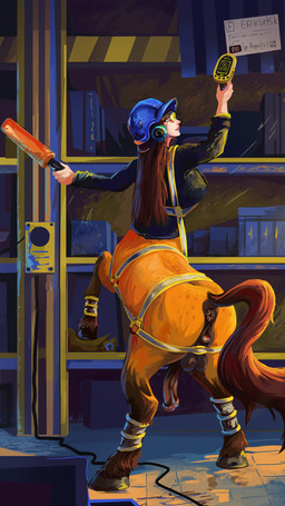 animal_genitalia animal_penis animal_vulva anus armor balls black_clothing black_shirt black_topwear bottomless breasts brown_hair clothed clothing equine_anus equine_genitalia equine_penis equine_vulva genitals hair hard_hat harness headgear helmet herm hooves inside intersex looking_at_viewer looking_back looking_back_at_viewer on_hind_legs orange_body penis puffy_anus raised_tail shirt solo tail tail_anus text topwear vulva warehouse angelss european_mythology greek_mythology mythology georgia_coverette centaur equid equid_taur humanoid_taur mammal mammal_taur taur 2026 9:16 absurd_res artist_name hi_res