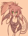 anthro big_ears bottomless breasts cleavage clothed clothing female green_eyes hair multicolored_hair shirt simple_background solo tail tail_tuft topwear tuft yellow_sclera firekitty koneko_(spazzykoneko) felid mammal