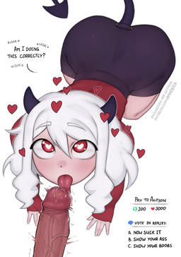 2_horns all_fours big_breasts biped black_bottomwear black_clothing black_horn black_skirt blush blush_lines bodily_fluids bottomwear breasts clothing duo eyebrow_through_hair eyebrows fellatio female first_person_view genitals grey_hair hair heart_eyes heart_pupils heart_symbol horn interaction_drive licking looking_at_viewer male male/female oral pencil_skirt penile penis penis_lick red_clothing red_eyes red_sweater red_topwear red_turtleneck saliva saliva_on_tongue sex skirt solo_focus spade_tail sweater tail text tongue tongue_out topwear translucent translucent_hair turtleneck vein veiny_penis amadeen conditional_dnp helltaker modeus_(helltaker) demon demon_humanoid humanoid english_text portrait url