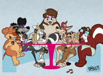 animal_genitalia anthro balls big_tail biped bodily_fluids breasts bulge casual_exposure casual_nudity clothed clothing cross-popping_vein detailed_bulge digit_ring ear_piercing ear_ring erection erection_under_clothing eyebrow_piercing eyebrow_through_hair eyebrows eyeshadow eyewear eyewear_only facial_piercing feet female female_anthro flustered fully_sheathed genital_fluids genitals glans glasses group group_nudity gynomorph gynomorph_anthro hair huge_tail humanoid_genitalia humanoid_penis intersex intersex_anthro jewelry jockstrap lip_piercing makeup male male_anthro nipples nude partially_clothed penis penis_tip piercing pink_hair precum precum_through_clothing precum_through_underwear ring ring_piercing sheath size_difference skunk_tail strip_game sunglasses sunglasses_only tail tenting toe_ring toes translucent translucent_hair underwear wet wet_clothing doodledoggy uno doodle_(doodledoggy) kendall_(sirkain) kendall_sinwy ozzie_(doodledoggy) stanley_(doodledoggy) sydney_taylor_(sirkain) veronica_(doodledoggy) bassariscus canid canine canis domestic_dog kangaroo macropod mammal marsupial mephitid procyonid ring-tailed_cat skunk wolf hi_res