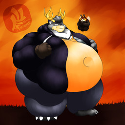 antennae_(anatomy) anthro antlers belly brown_body brown_fur clothed clothing duo eyes_closed eyewear fur glasses gloves hair handwear highlights_(coloring) hoodie horn larger_male male male/male micro navel_outline orange_background overweight overweight_anthro overweight_male simple_background size_difference smile topwear wings yellow_body fujiyama_samoyed bumble_beans_(fujiyamasamoyed) arthropod bear bee bumble_bee_(species) canid canine canis deer hybrid hymenopteran insect mammal raccoon_dog tanuki 1:1 digital_media_(artwork) hi_res shaded soft_shading watermark