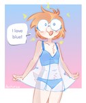 anthro blue_bra blue_clothing blue_panties blue_underwear blush bra breasts chest_tuft clothed clothing dialogue dress eyewear female glasses hair lingerie multicolored_body orange_hair panties solo speech_bubble training_bra translucent translucent_clothing tuft underwear underwear_only penturice alice_(penturice) avian bird humanoid sketch