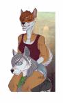 ambiguous_gender anthro carrying_another clothed clothing duo eyewear female fur glasses hair on_shoulders smile teeth adeloo canid canine canis domestic_dog mammal wolf hi_res