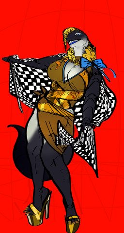 anthro big_breasts black_body black_skin blonde_hair blue_lipstick bottomwear bow_ribbon braided_hair breasts checkered checkered_flag cleavage clothed clothing curvy_figure erect_nipples female flag footwear grey_body grey_skin hair high_heels lipstick makeup multicolored_body muscle_tone nipples one-piece_swimsuit shark_teeth sharp_teeth shoes skirt solo standing stiletto_heels swimwear tail teeth thick_thighs two_tone_body brothersmiler accelerated_racing_association nuka_song_(ara) black_mamba elapid_(snake) mamba reptile scalie snake hi_res