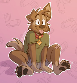 anthro black_eyes black_pawpads boxer_briefs brown_body brown_fur brown_nose clothing collar feet foot_focus footwear fur green_clothing green_shirt green_t-shirt green_topwear grey_boxer_briefs grey_clothing grey_underwear male open_mouth open_smile paw_day_2026 pawpads pink_background shirt simple_background smile socks solo t-shirt text tongue tongue_out toony topwear underwear white_text tinydeerguy paw_day matt_riskely canid canine canis domestic_dog mammal hi_res