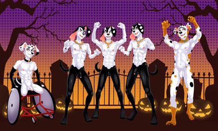 aged_up amputee anthro anthrofied balls candy casual_nudity cemetery chain_necklace clothed clothing container dessert disability double_amputee feet fingers flaccid food foreskin fruit fur genitals group holidays humanoid_genitalia humanoid_penis jack-o'-lantern jewelry looking_at_viewer male missing_all_legs necklace nipples nude outdoor_nudity outside partially_retracted_foreskin pawpads penis plant pumpkin sitting smile standing tail toes tombstone tree vehicle wheelchair dal101strefan 101_dalmatian_street 101_dalmatians disney halloween delgado_(101_dalmatians) diesel_(101_dalmatians) dimitri_1_(101_dalmatians) dimitri_2_(101_dalmatians) dimitri_3_(101_dalmatians) dimitri_trio_(101_dalmatians) canid canine canis dalmatian domestic_dog mammal 5:3 digital_media_(artwork) hi_res brother_(lore) brothers_(lore) sibling_(lore) triplets_(lore)