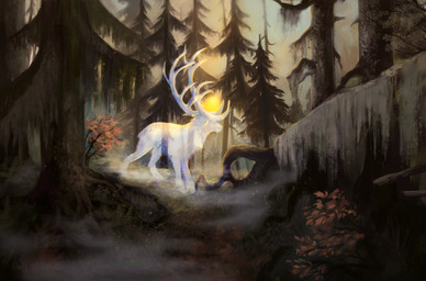 antlers day detailed_background feral fog forest grass horn ice nude outside plant solo standing sun tree wolnir deer mammal