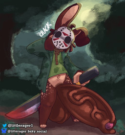 anthro balls big_balls big_penis blade blood bodily_fluids bottomless clothed clothing costume foreskin genitals halloween_costume holidays huge_balls huge_penis humanoid_genitalia humanoid_penis hyper hyper_balls hyper_genitalia hyper_penis male mask penis solo littlerager halloween dexter_(littlerager) lagomorph leporid mammal rabbit hi_res