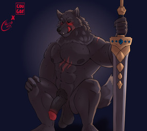 5_fingers abs anthro areola balls biped black_claws black_sclera blue_eyes blush chest_scar circumcised claws crouching facial_scar fingers fur genitals glans grey_body grey_fur holding_melee_weapon holding_object holding_sword holding_weapon humanoid_genitalia humanoid_penis male male_anthro melee_weapon muscular muscular_anthro muscular_male nipples nude pecs penis pubes red_glans ruff saggy_balls scar shoulder_scar simple_background solo sword tendon tongue tongue_out vein veiny_penis weapon azcein elden_ring fromsoftware blaidd_(elden_ring) canid canine canis mammal wolf