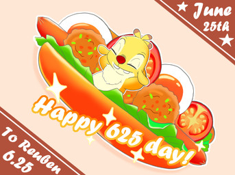 antennae_(anatomy) anthro buckteeth chest_tuft closed_smile dipstick_antennae eyes_closed food fried_egg fruit fur hands_behind_head hot_dog in_food male meatball mouth_closed multicolored_antennae outline plant red_nose simple_background smile solo teeth text tomato tuft white_outline yellow_body yellow_fur ciyalway disney lilo_and_stitch reuben_(lilo_and_stitch) alien experiment_(lilo_and_stitch) 2026 absurd_res digital_drawing_(artwork) digital_media_(artwork) english_text hi_res