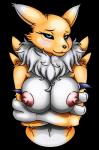 anthro areola bare_shoulders big_breasts black_nose black_sclera blue_eyes breasts claws erect_nipples female fur looking_at_viewer navel nipples nude smile solo white_body white_fur yellow_body yellow_fur happyanthro bandai_namco digimon canid canine digimon_(species) mammal renamon 2016 absurd_res alpha_channel hi_res