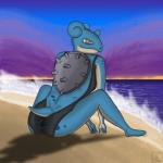 anthro anthrofied backless_clothing backless_swimsuit beach biped blue_body blue_skin breasts brown_eyes butt clothed clothing cloud countershading electronics female game_console great_ball horn looking_at_viewer looking_back non-mammal_breasts one-piece_swimsuit open-back_swimsuit outside pokeball pokemorph sand seaside shell side_boob sitting sky small_breasts smile solo spots swimwear text gamemaniac nintendo nintendo_3ds nintendo_ds_family pokemon generation_1_pokemon lapras marine pokemon_(species) 1:1 2016 absurd_res english_text hi_res watermark