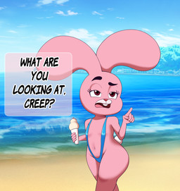 anthro beach buckteeth clothing dessert female food fur holding_food holding_object ice_cream looking_at_viewer one-piece_swimsuit open_mouth pink_body pink_fur pink_nose red_eyes sling_bikini solo swimwear tail teeth text text_box tongue wide_hips young young_anthro young_female inversecalamity cartoon_network the_amazing_world_of_gumball anais_watterson lagomorph leporid mammal rabbit absurd_res hi_res