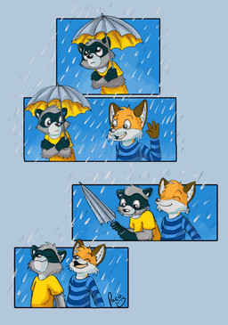 anthro black_nose blue_clothing blue_topwear closed_smile clothed clothing duo eyes_closed fur glistening glistening_eyes grey_body grey_fur head_tuft holding_object holding_umbrella male mouth_closed open_mouth open_smile pattern_clothing pattern_topwear raining shirt smile striped_clothing striped_topwear stripes t-shirt topwear tuft umbrella white_body white_fur yellow_body yellow_clothing yellow_fur yellow_shirt yellow_t-shirt yellow_topwear young young_anthro young_male pandapaco art_(pandapaco) biro_(pandapaco) canid canine fox mammal procyonid raccoon