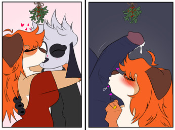 anthro balls bodily_fluids clothed clothing corruption cuckold cum dress duo eyeshadow fellatio female genital_fluids genital_focus genitals holidays hotwife infidelity jewelry kissing lips makeup male male/female mistletoe oral oral_penetration penetration penile penis penis_kissing plant ring sex sweat mokagrps christmas meeka_(mokagrapes) canid canine hybrid mammal absurd_res hi_res