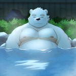 anthro bathing belly blush clothed clothing eyebrows fur hot_spring male musclegut muscular nipples pecs solo thick_eyebrows topless water white_body white_fur ruoain lifewonders tokyo_afterschool_summoners leib_(tas) bear mammal polar_bear ursine 1:1 absurd_res hi_res