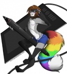 clothed clothing drawing_tablet hair looking_at_viewer male multicolored_tail rainbow_tail simple_background solo sparklefur tablet tablet_pen tail topless underwear white_background ghostblanketboy wacom mammal 2014