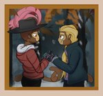 anthro blonde_hair border brown_body brown_eyes brown_fur brown_hair clothed clothing coat duo fur hair hand_holding handwear hat headgear headwear jacket male mittens plant ponytail red_eyes scarf smile snow topwear tree sergiovintorez bloons_tower_defense ninja_kiwi frederik_wulfgard_(sergiovintorez) randall_greenewood_(sergiovintorez) haplorhine mammal monkey primate absurd_res hi_res