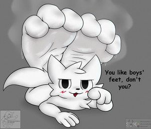 3_toes anthro barefoot black_nose blush bodily_fluids cheek_tuft dialogue facial_tuft feet foot_focus fur fur_tuft gesture hand_gesture hands_behind_back head_tuft humanoid_feet looking_at_viewer lying male on_front open_mouth plantigrade pointing pointing_at_viewer soles solo steam steamy_feet sweat sweaty_feet tail talking_to_viewer text toes tuft white_body white_fur wrinkled_feet wrinkles coyocislav skonczonyidiota boy_kisser_(meme) silly_cat_(mauzymice) domestic_cat felid feline felis mammal hi_res meme