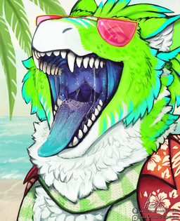 anthro blue_tongue bodily_fluids cheek_tuft clothed clothing eyewear facial_tuft front_view fur glasses glistening glistening_eyes green_body green_fur male male_anthro mouth_shot open_clothing open_mouth open_topwear outside palm_leaves pupils red_clothing red_topwear saliva saliva_string sharp_teeth sky slim_anthro slim_male slit_pupils solo teeth tinted_glasses tongue tongue_out topwear tuft water white_body white_fur acidic mythology dragon furred_dragon furred_scalie mythological_creature mythological_scalie scalie hi_res signature