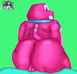 accessory anthro balls big_butt butt butt_focus genitals looking_back male necktie nude rear_focus shortstack shortstack_male simple_background solo tail helixdrawsstuff gameoverse glitch_productions gobbles_(gameoverse) dinosaur prehistoric_species reptile scalie hi_res