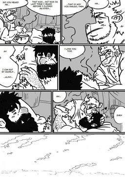 anthro bed clothed clothing dialogue duo facial_scar food furniture hairy heart_symbol kissing male male/male muscular muscular_male on_bed scar simple_background text tusks wounded husky92 european_mythology greek_mythology mythology bovid bovine humanoid mammal minotaur orc comic english_text hi_res monochrome multiple_scenes
