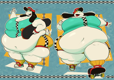 anthro armband belly belly_overhang belly_rolls big_belly big_breasts big_butt black_nose bottomwear breasts butt checkered checkered_background cleavage clothed clothing deep_navel ear_piercing ear_ring eyes_closed fat_arms fat_legs female floppy_ears footwear front_view fur gesture green_clothing green_shirt green_topwear hat headgear headwear holding_skateboard huge_belly huge_breasts huge_thighs navel obese obese_anthro obese_female open_mouth overweight overweight_anthro overweight_female pattern_background pawpads piercing ring_piercing scut_tail shirt shoes short_tail shorts simple_background skateboarding sneakers snout socks solo tail tail_motion tailwag thick_calves thick_thighs three-quarter_view topwear waving white_body white_eyes white_fur wide_hips yellow_bottomwear yellow_clothing yellow_footwear yellow_shorts yellow_socks neetbean gamer_dog canid canine canis domestic_dog mammal 2025 hi_res widescreen