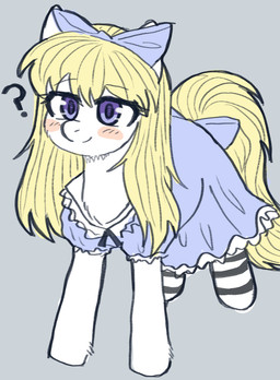 accessory armor blonde_hair blue_bow_ribbon blue_clothing blue_dress blue_sundress bow_ribbon centered_hair_bow closed_smile clothed clothed_female clothed_feral clothing dress eyebrow_through_hair eyebrows female female_feral feral footwear fur furgonomics glistening glistening_eyes grey_background hair hair_accessory hair_bow hair_ribbon legwear long_hair mouth_closed pattern_clothing pattern_footwear pattern_legwear pattern_socks ponification purple_eyes quadruped question_mark ribbons simple_background slim_female slim_feral smile snout socks solo standing striped_clothing striped_footwear striped_socks stripes sundress tail tail_accessory tail_bow tail_ribbon translucent translucent_hair white_body white_fur yellow_tail young young_female young_feral 4chan_anon unknown_artist black_souls_(game) hasbro my_little_pony alice_(black_souls) equid equine horse mammal pony 2023 crossover digital_drawing_(artwork) digital_media_(artwork) english_description
